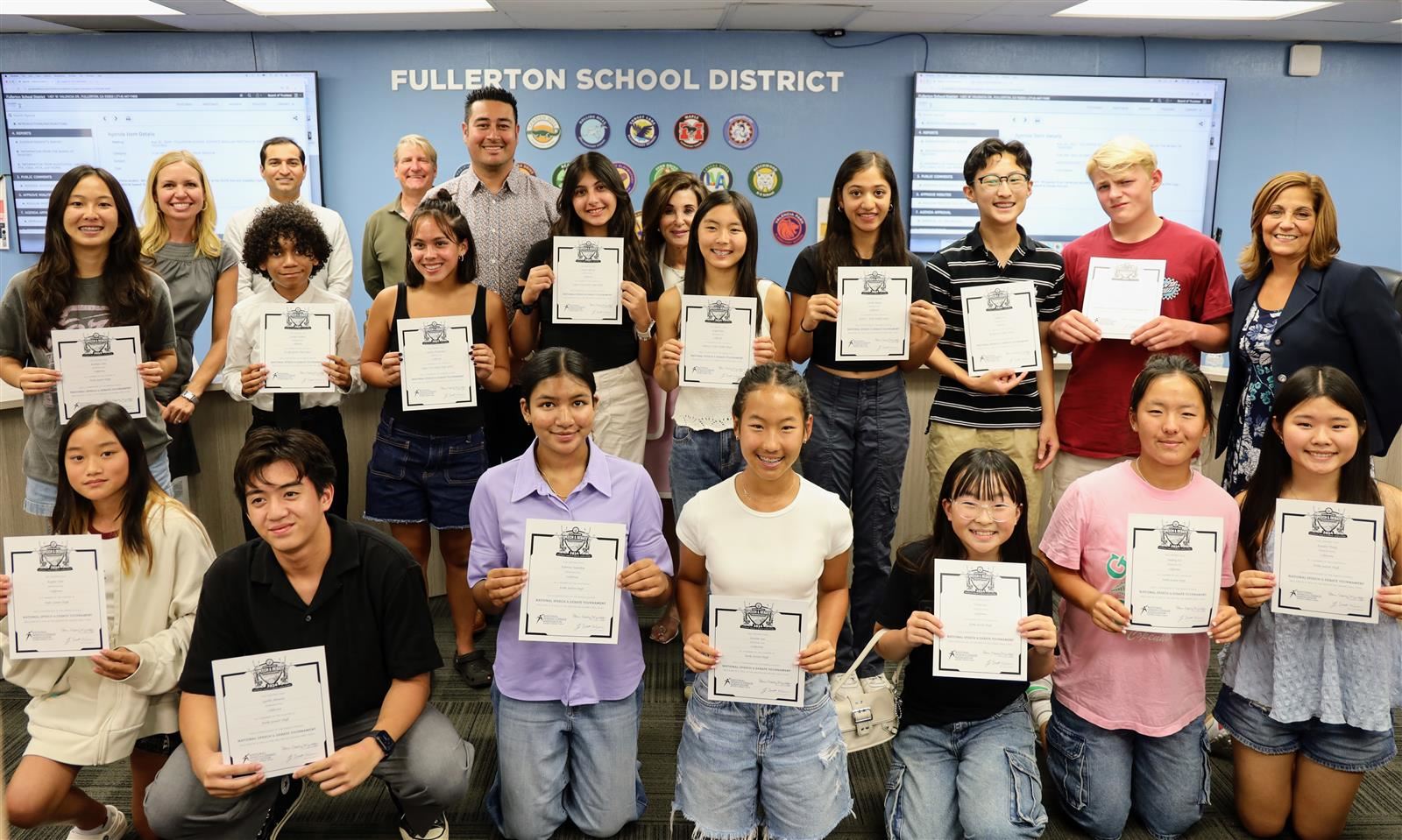 FSD’s Board of Trustees invited all 20 of its national speech and debate competitors for board recognition at its  Aug. 20 bo